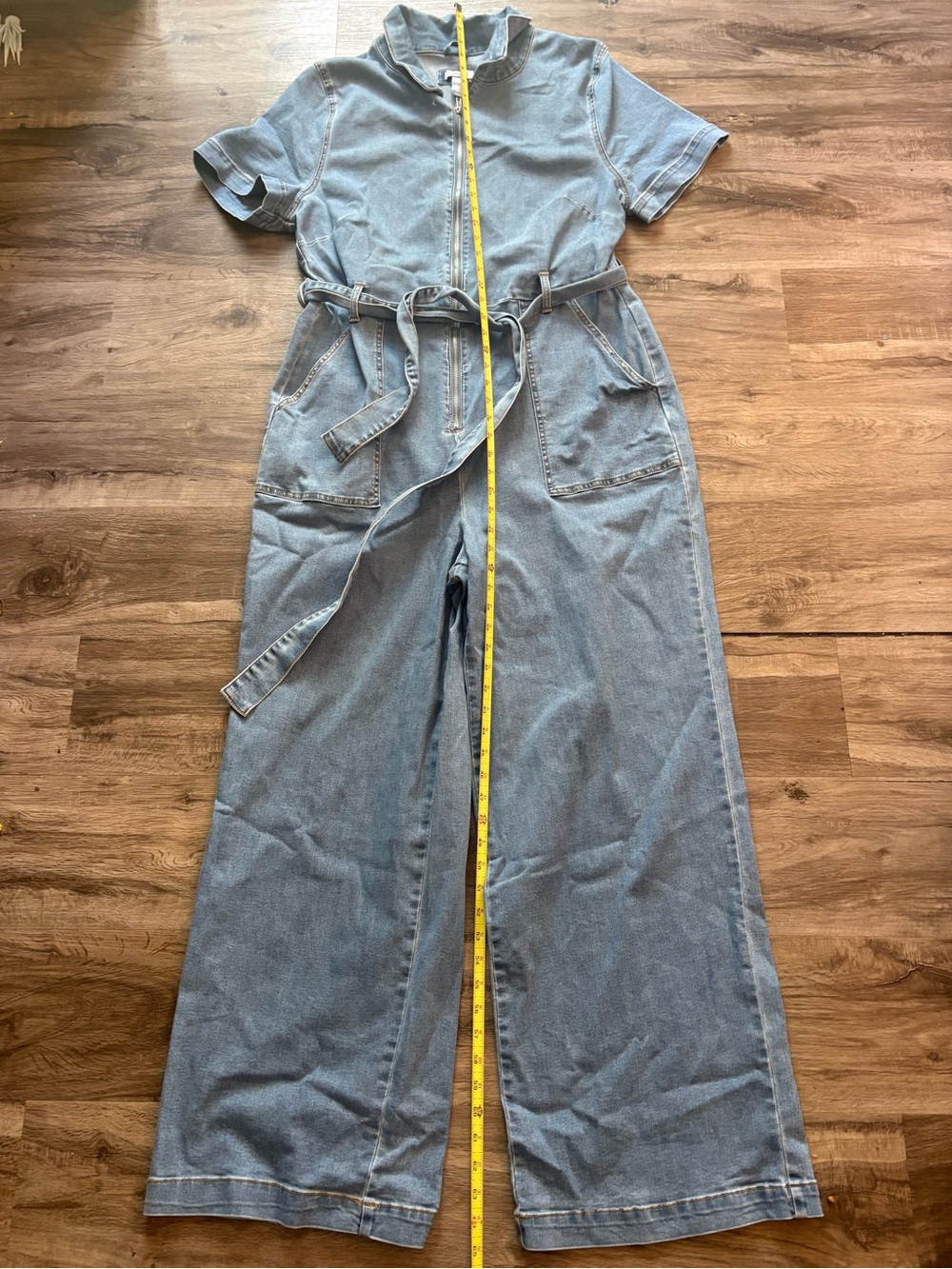 Forever 21 Light Blue Denim Short-Sleeve Jumpsuit with Tie Waist